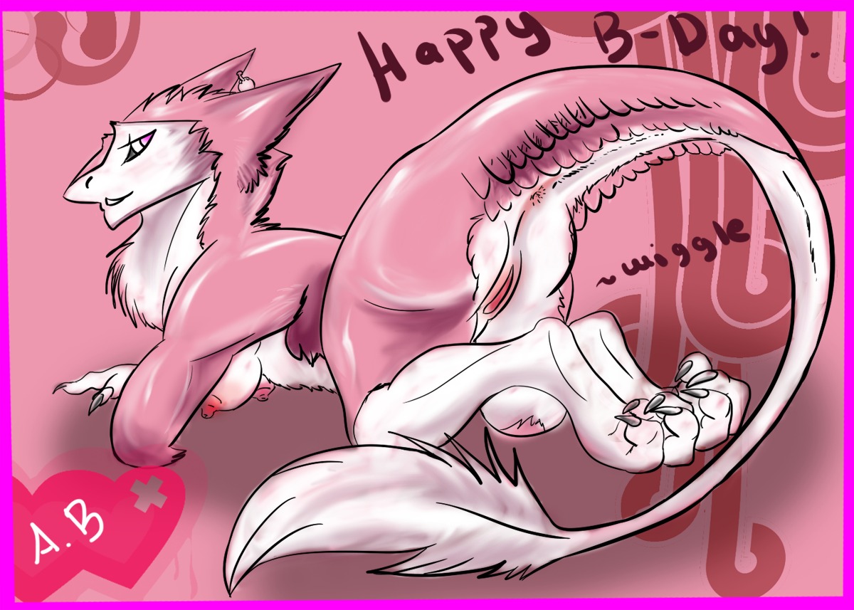 all_fours anthro aurabeedit breasts female fur happy_birthday looking_at_viewer pink pink_eyes pink_fur presenting pussy rule34 sergal solo tail text white_fur