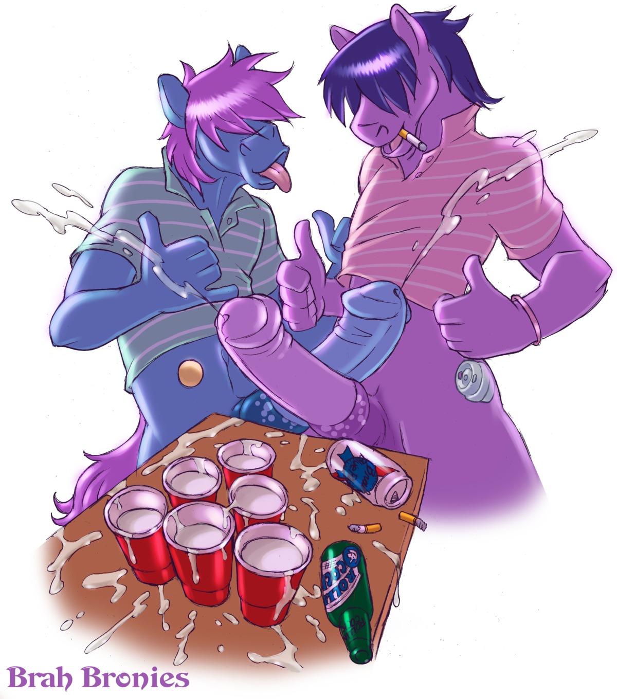 absurd_res alcohol animal_genitalia animal_penis anthro beer beverage bodily_fluids bottomless bracelet cigarette clothed clothing cum cum_in_a_cup cum_in_container cutie_mark digital_media_(artwork) duo e621 equid equine equine_genitalia equine_penis erection fan_character flared_penis food food_fetish food_play frottage genital_fluids genitals gideon hasbro hi_res horse jewelry male male/male mammal medial_ring messy my_little_pony pabst_blue_ribbon penile penis penises_touching red_solo_cup sex simple_background tongue tongue_out white_background