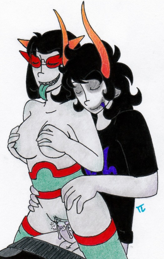 1boy 1girls black_hair breasts closed_eyes clothing covering_breasts facepaint female gamzee_makara glasses grey_skin homestuck horns male ms_paint_adventures open_mouth pandemoniumincarnate penis pussy rule34 sharp_teeth short_hair smile source_request straight terezi_pyrope tongue tongue_out troll vaginal_penetration white_background
