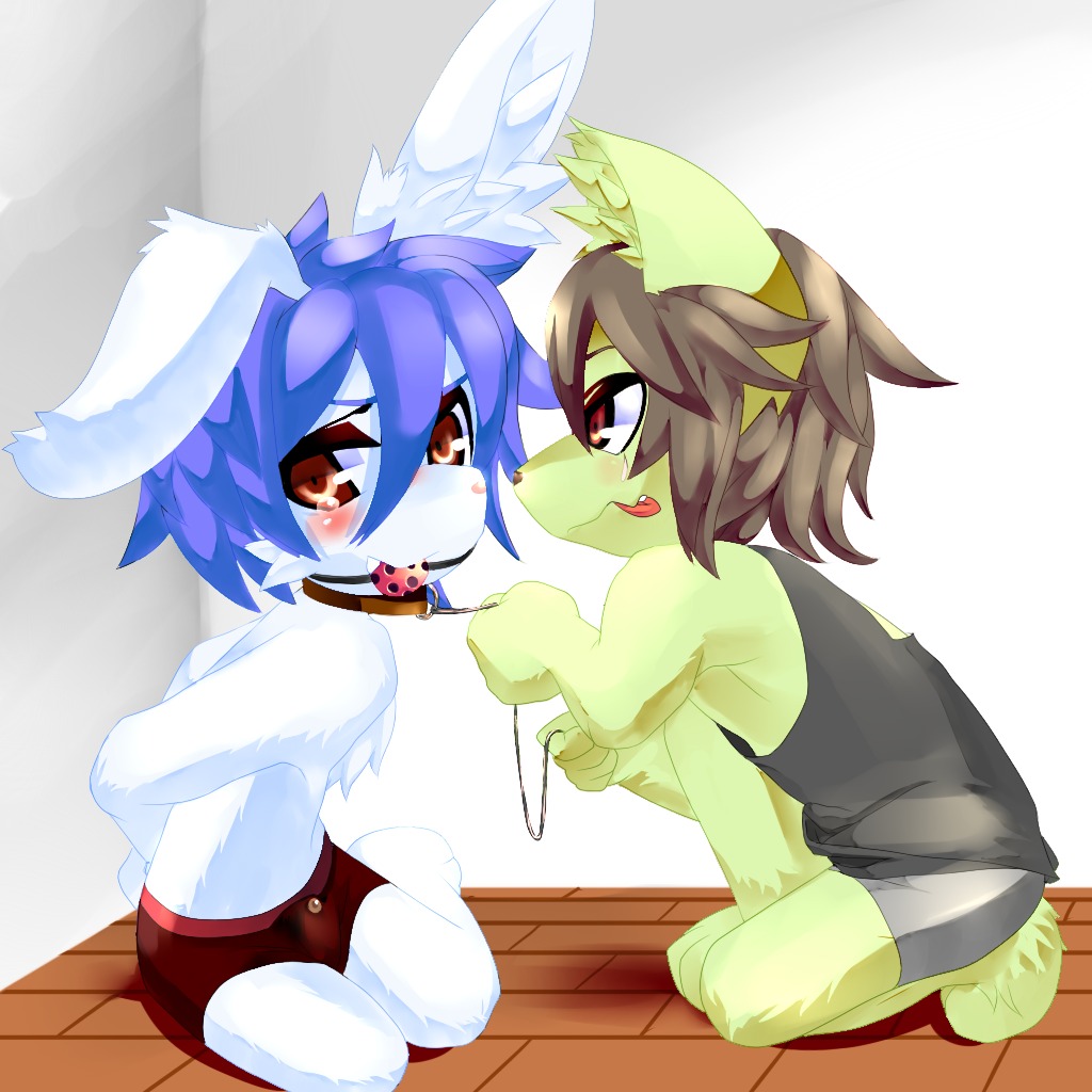 1:1 2012 anthro ball_gag bdsm blue_hair bodily_fluids bondage bound brown_hair bulge canid canine canis clothed clothing collar crying domestic_dog duo e621 erection erection_under_clothing fur gag gagged hair lagomorph leporid male male/male mammal ontsuna rabbit red_eyes shirt tears tongue topless topwear underwear white_body white_fur yellow_body yellow_fur young young_anthro young_male