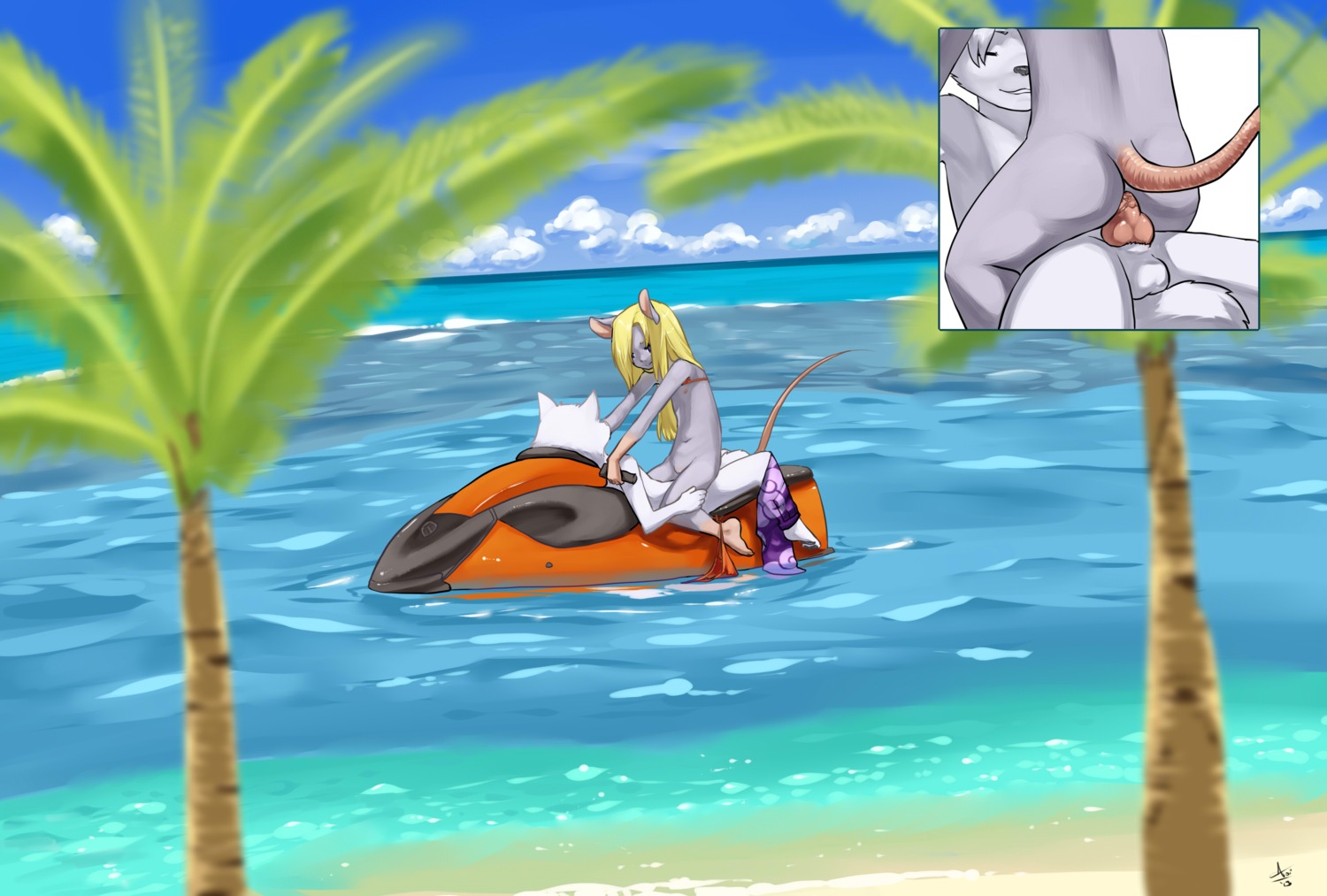 2013 absurd_res anal anal_penetration animal_genitalia animal_penis anthro anthro_on_anthro anthro_penetrated anthro_penetrating anthro_penetrating_anthro aogami balls beach blonde_hair blue_eyes butt canid canine canine_genitalia canine_penis canis cloud cowgirl_position detailed_background digital_media_(artwork) duo e621 erection eyes_closed female female_on_top female_penetrated flat_chested from_front_position fur genitals hair happy happy_sex hi_res interspecies jetski knot looking_pleasured male male/female male_on_bottom male_penetrating male_penetrating_female mammal mouse murid murine nipples nude on_bottom on_top outside palm_tree penetration penis plant rodent sand sea seaside sex sex_on_the_beach shaded sierra_(shinymelanie) sky smile straddling tail tree vulva water white_body white_fur wolf young young_anthro young_penetrated