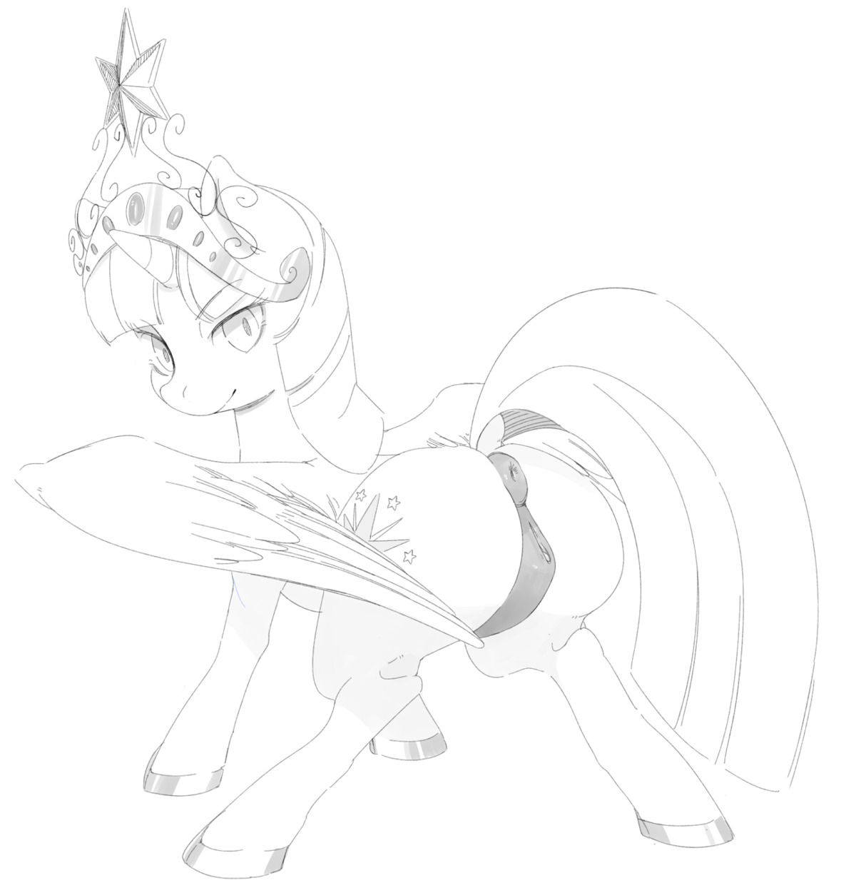 2013 anus butt crown cutie_mark e621 equid equine feathered_wings feathers female feral friendship_is_magic fur genitals hair hasbro headgear hi_res horn japananon looking_at_viewer looking_back mammal monochrome my_little_pony mythological_creature mythological_equine mythology puffy_anus solo twilight_sparkle_(mlp) vulva winged_unicorn wings