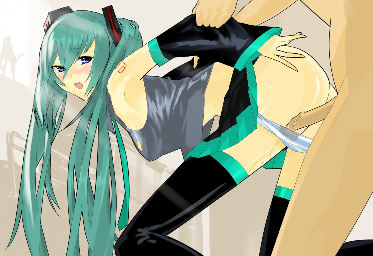 1boy 1girl aqua_hair arm_grab arm_held_back blue_eyes blush detached_sleeves female hatsune_miku hetero long_hair panties panty_pull penis rule34 sex sex_from_behind skirt solo_focus tagme thighhighs twintails uncensored underwear vocaloid