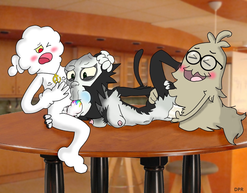 1girls 2boys 2d blush cartoon_network cum cum_in_mouth cum_in_pussy erect_nipples eyes_closed female female_grab_male_ass furry gangbang glasses happy head_grab lucy_simian male miss_simian mr._small nigel_brown nipples nude on_table one_eye_closed open_eyes oral peace_sign peace_symbol_necklace power_force principal_brown pussy real_life_background rule34 tagme the_amazing_world_of_gumball threesome vaginal_penetration what
