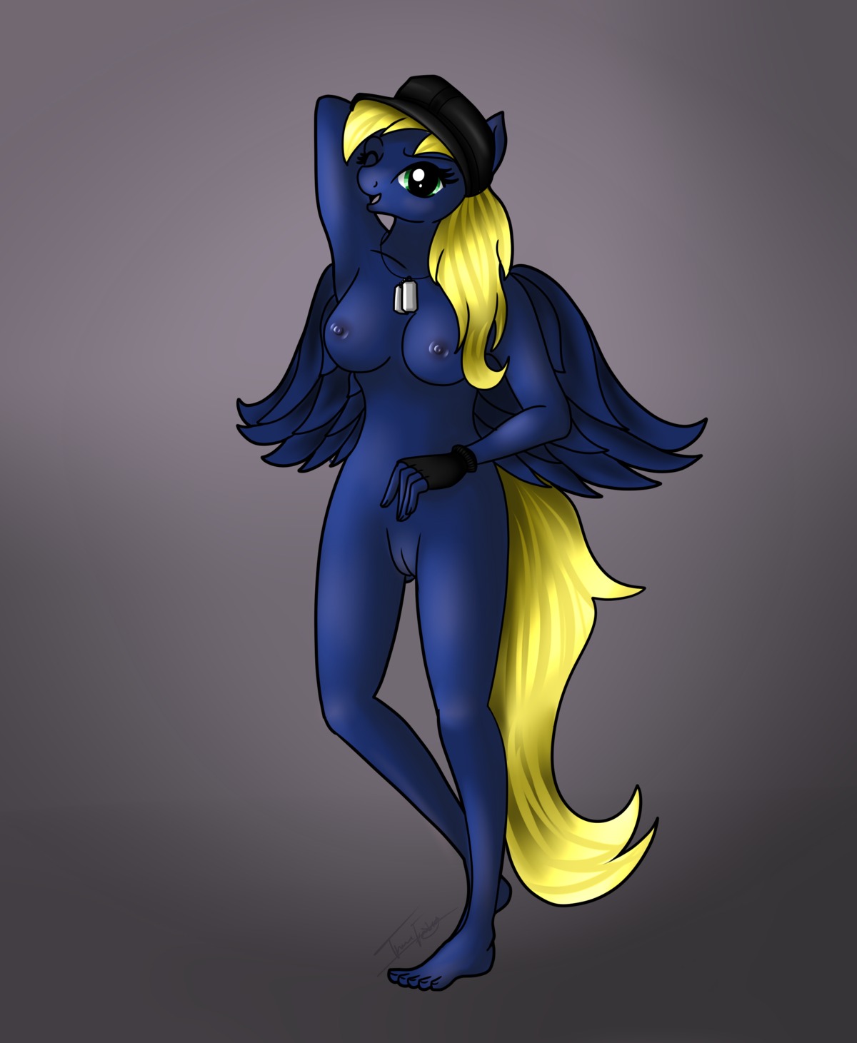 absurd_res anthro blonde_hair blue_body blue_fur breasts clothing dog_tags e621 feet female full-length_portrait fur genitals gloves green_eyes hair handwear hasbro hat headgear headwear hi_res hindpaw jewelry my_little_pony necklace nipples nova_era one_eye_closed paws plunkie portrait solo vulva wink