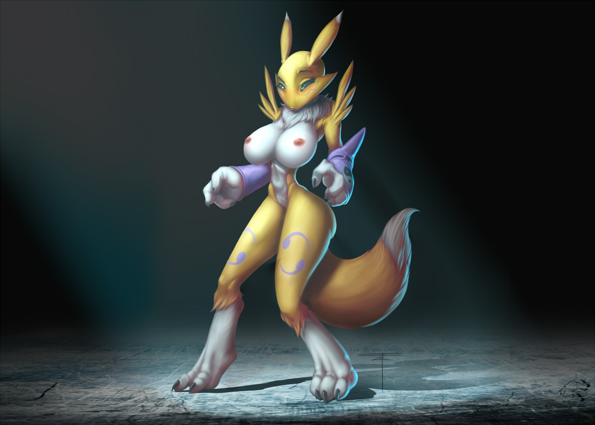anthro armwear bandai_namco big_breasts black_sclera blue_eyes blush breasts bridal_gauntlets butt canid canine chest_tuft clothing digimon digimon_(species) e621 facial_markings female fur head_markings huge_breasts looking_at_viewer mammal markings mostly_nude navel nipples renamon solo tail tuft white-devil yellow_body yellow_fur