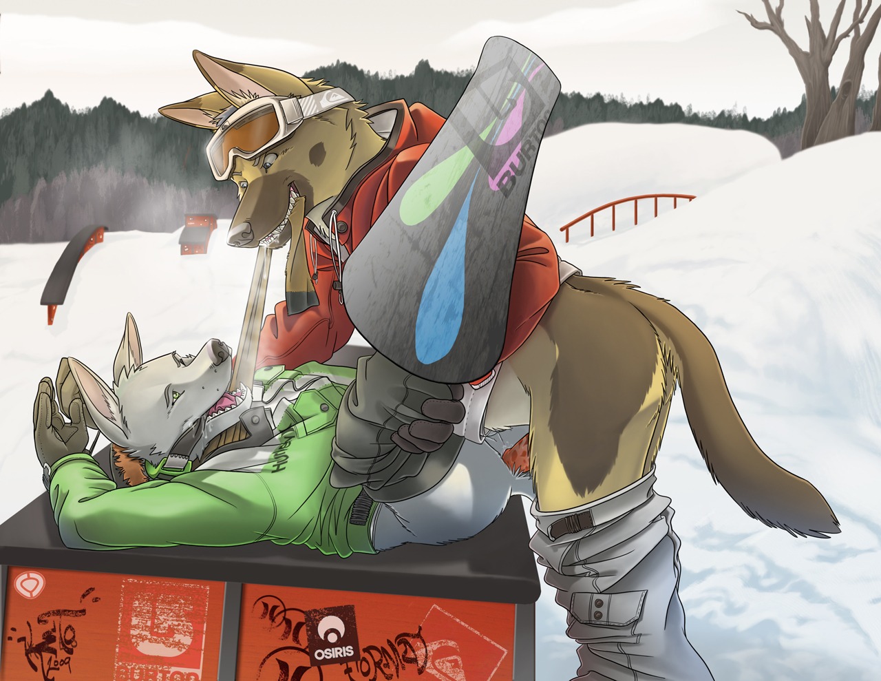 anal anal_penetration anthro anthro_on_anthro bdsm bottomwear bottomwear_down breath canid canine canis clothed clothing cold detailed_background domestic_dog duo e621 erection eyewear genitals german_shepherd goggles herding_dog keto lying male male/male male_penetrated male_penetrating male_penetrating_male mammal on_back outside pants pants_down partially_clothed pastoral_dog penetration penis public public_sex sex snow snowboard standing table_lotus_position tail winter