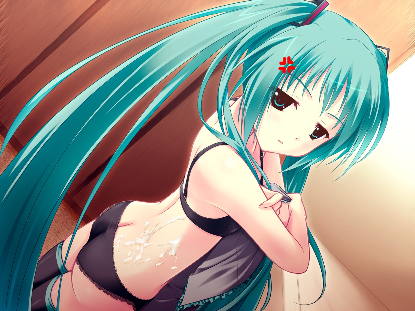 1girl amino_kohaku anger_vein angry aqua_eyes aqua_hair ass black_bra black_panties black_thighhighs blush bra butt_crack crossed_arms cum cum_on_ass cum_on_back cum_on_body cum_on_clothes cum_on_upper_body dutch_angle female green_hair hatsune_miku headphones lace lace_trim lingerie long_hair looking_at_viewer looking_back panties rule34 solo thighhighs tied_hair twintails underwear underwear_only undressing very_long_hair vocaloid