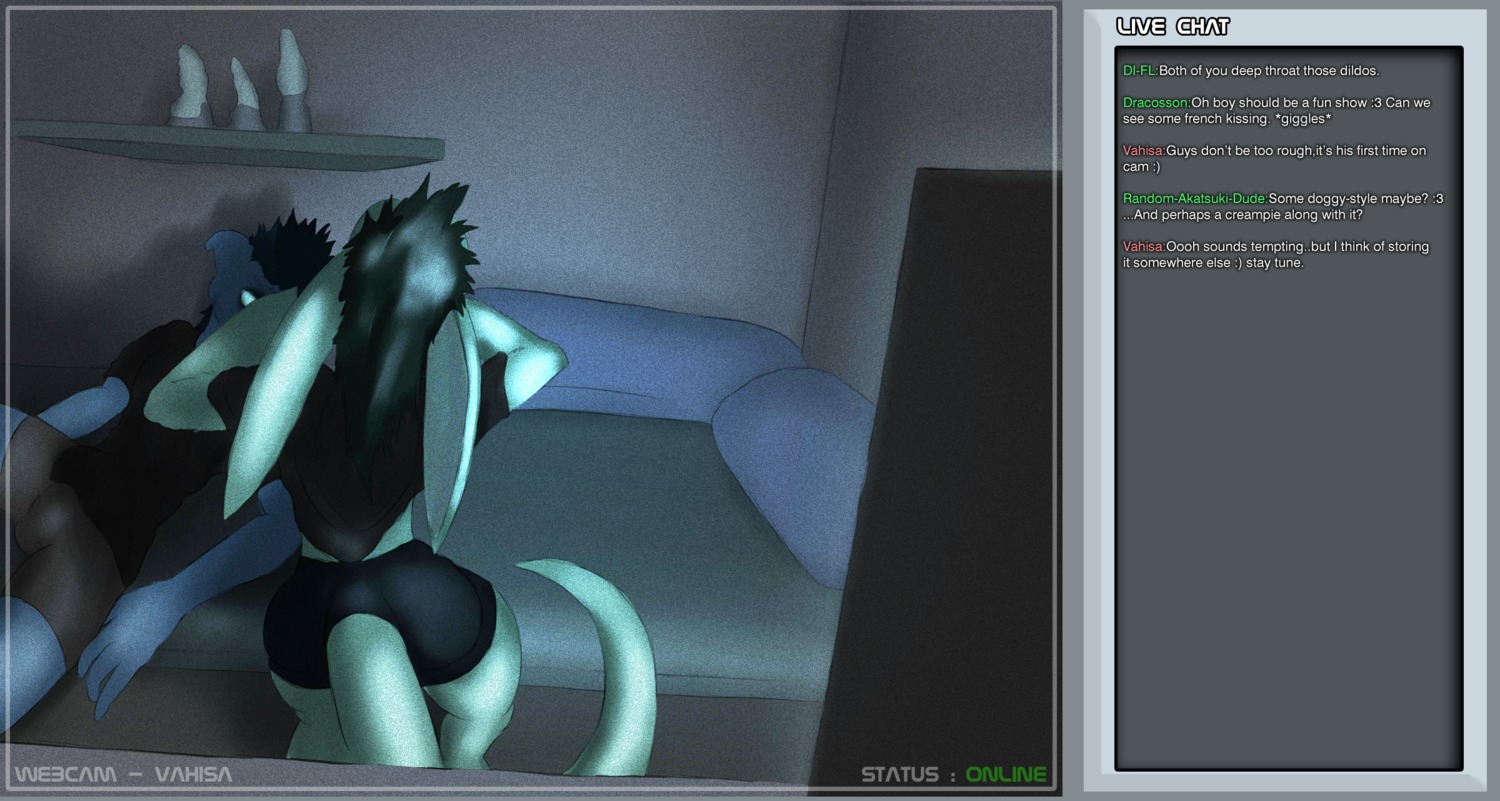 alien arvion bed bedroom blue_body blue_eyes blue_skin bottomless boxers_(clothing) bulge cam_show chat_box clothed clothing dildo dorzian duo e621 female fur furniture green_body green_fur hi_res inside livestream long_ears long_tail male male/female mohawk monster petresko sex_toy tail underwear undressing