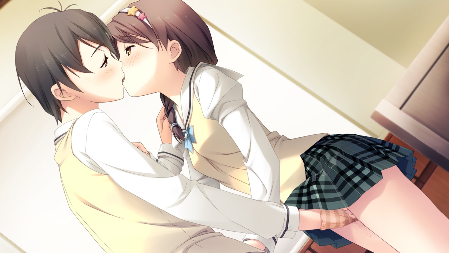 blush brown_hair female fingering game_cg hirosaki_kanade kantoku kissing panties rule34 seifuku underwear your_diary