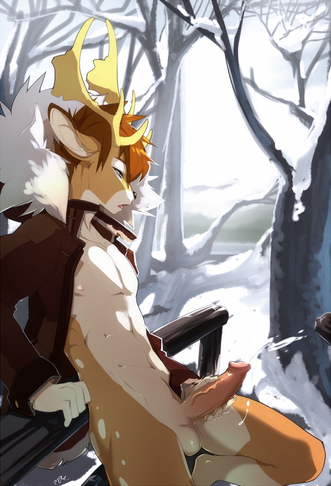abs anthro antlers balls big_penis biped black_nose blue_eyes bodily_fluids bottomless brown_hair clothed clothing cum cumshot deer e621 ejaculation erection genital_fluids genitals hair horn humanoid_genitalia humanoid_penis jacket jegermaistro male mammal masturbation muscular muscular_anthro muscular_male nipples open_clothing open_mouth open_shirt open_topwear orgasm outside partially_clothed pecs penile penile_masturbation penis peritian shirt solo topwear vein