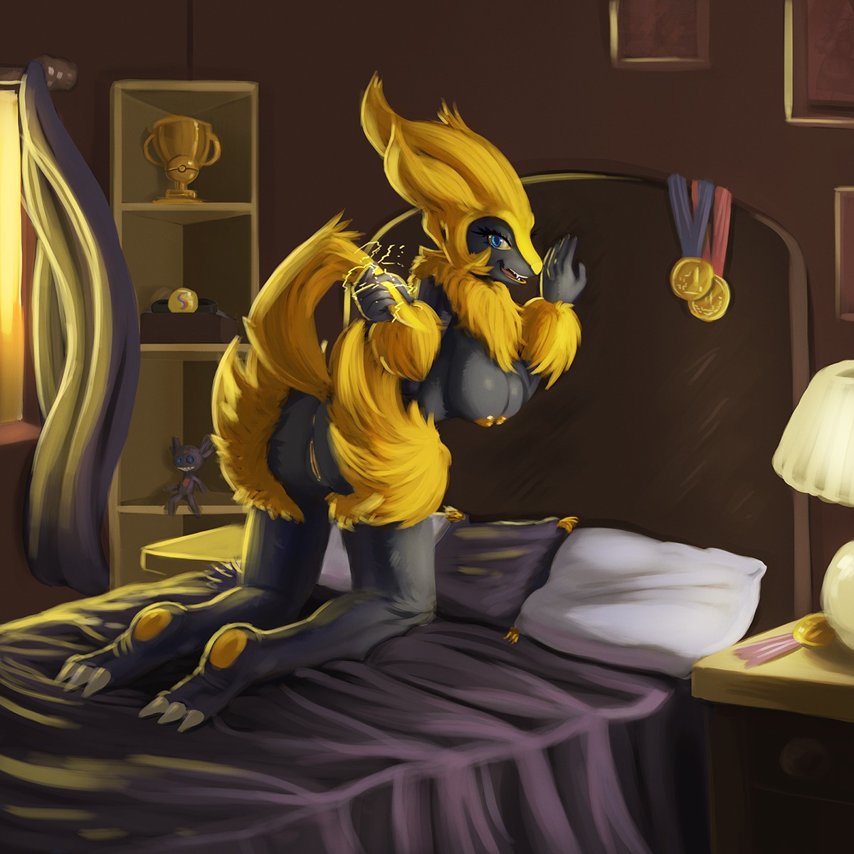 1:1 2014 5_fingers anthro anthrofied anus award bed bedroom biped blue_eyes breasts butt canid canine claws detailed_background doll drxsmokey e621 electricity eyelashes feet female fingers fur furniture generation_3_pokemon genitals grey_body grey_fur happy hi_res holding_tail inside kneeling looking_at_viewer looking_back mammal manectite manectric marble medal mega_stone nintendo nipples nude on_bed open_mouth pawpads paws pillow pokeball pokemon pokemon_(species) pokemorph presenting presenting_hindquarters raised_tail sableye sharp_teeth shiny_pokemon smile solo tail teeth toe_claws tongue toy trophy vulva yellow_body yellow_fur