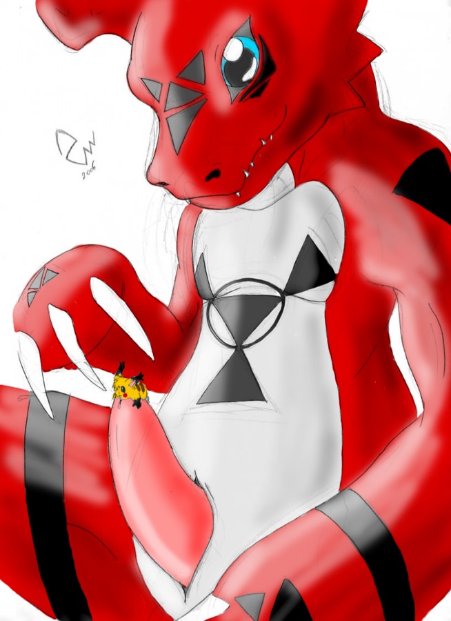 2006 anthro color crossover digimon digimon_(species) furry guilmon interspecies male male_only multiple_males nintendo no_humans pikachu pokemon pokemon_(species) reptile rodent rule34 scalie simple_background sparky_the_chu what yaoi