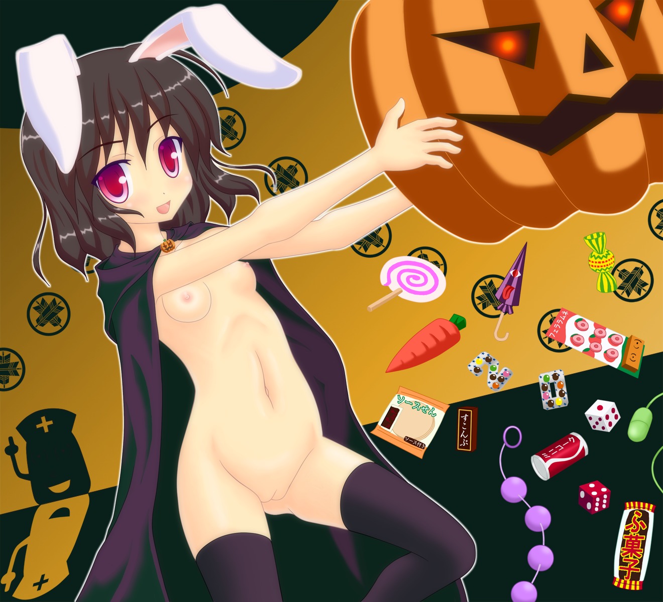 1girls :p anal_beads animal_ears black_legwear black_thighhighs breasts brown_hair bunny_ears candy carrot dice female halloween highres jack-o'-lantern karakasa_obake lollipop naked_cape naked_thighhighs navel nipples noveske_n4 pumpkin pussy red_eyes rule34 short_hair solo tewi_inaba thighhighs tongue touhou umbrella uncensored vibrator