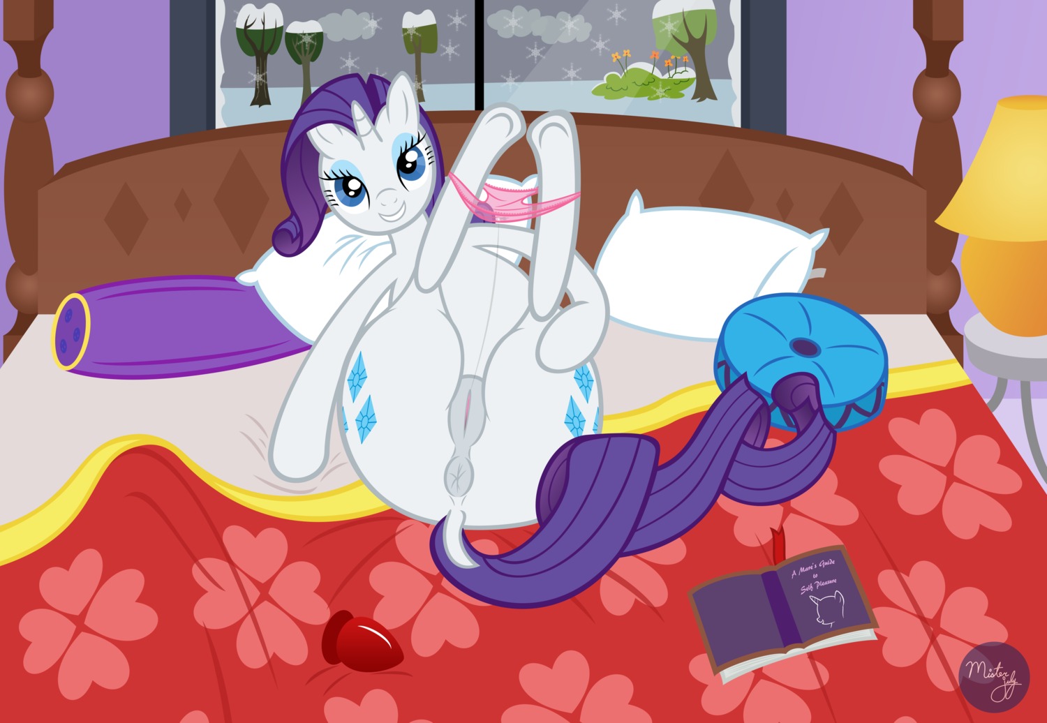 absurd_res anus bed blue_eyes book butt buttplug clothing curly_hair cutie_mark e621 equid equine female feral friendship_is_magic fur furniture genitals hair hasbro hi_res horn inside legs_up lying mammal misterjuly my_little_pony mythological_creature mythological_equine mythology on_back panties pillow plug_(sex_toy) presenting purple_hair rarity_(mlp) sex_toy solo underwear unicorn vulva white_body white_fur window