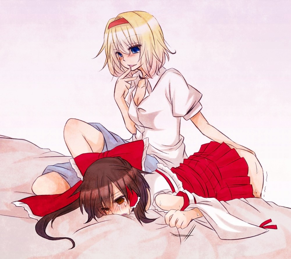 alice_margatroid blonde_hair blue_eyes blush bow breasts brown_eyes brown_hair cleavage detached_sleeves dress_shirt empty_eyes female fingering hair_tubes hairband hairbow hug hug_from_behind human jpeg_artifacts lying multiple_females multiple_girls reimu_hakurei rule34 sex shirt skirt tear touhou trembling yuri yuuta_(monochrome)