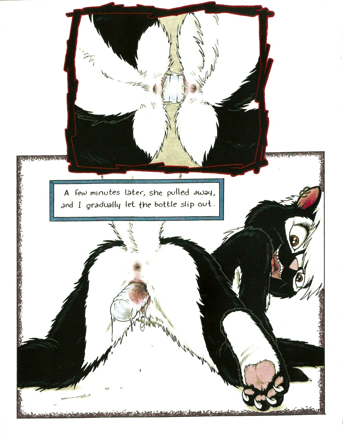 4_toes absurd_res all_fours anthro anus ass_to_ass bodily_fluids bottle brown_eyes claws comic container curling_toes dildo double_dildo duo e621 english_text feet female female/female genital_fluids genitals hi_res hindpaw improvised_dildo improvised_sex_toy james_m_hardiman mammal mephitid nicole_(jmh) nude onyx_(jmh) pawpads paws penetration piercing pink_pawpads raised_tail sex_toy skunk soles spread_legs spreading tail text toes transparent_dildo transparent_sex_toy vaginal vaginal_fluids vaginal_penetration vulva
