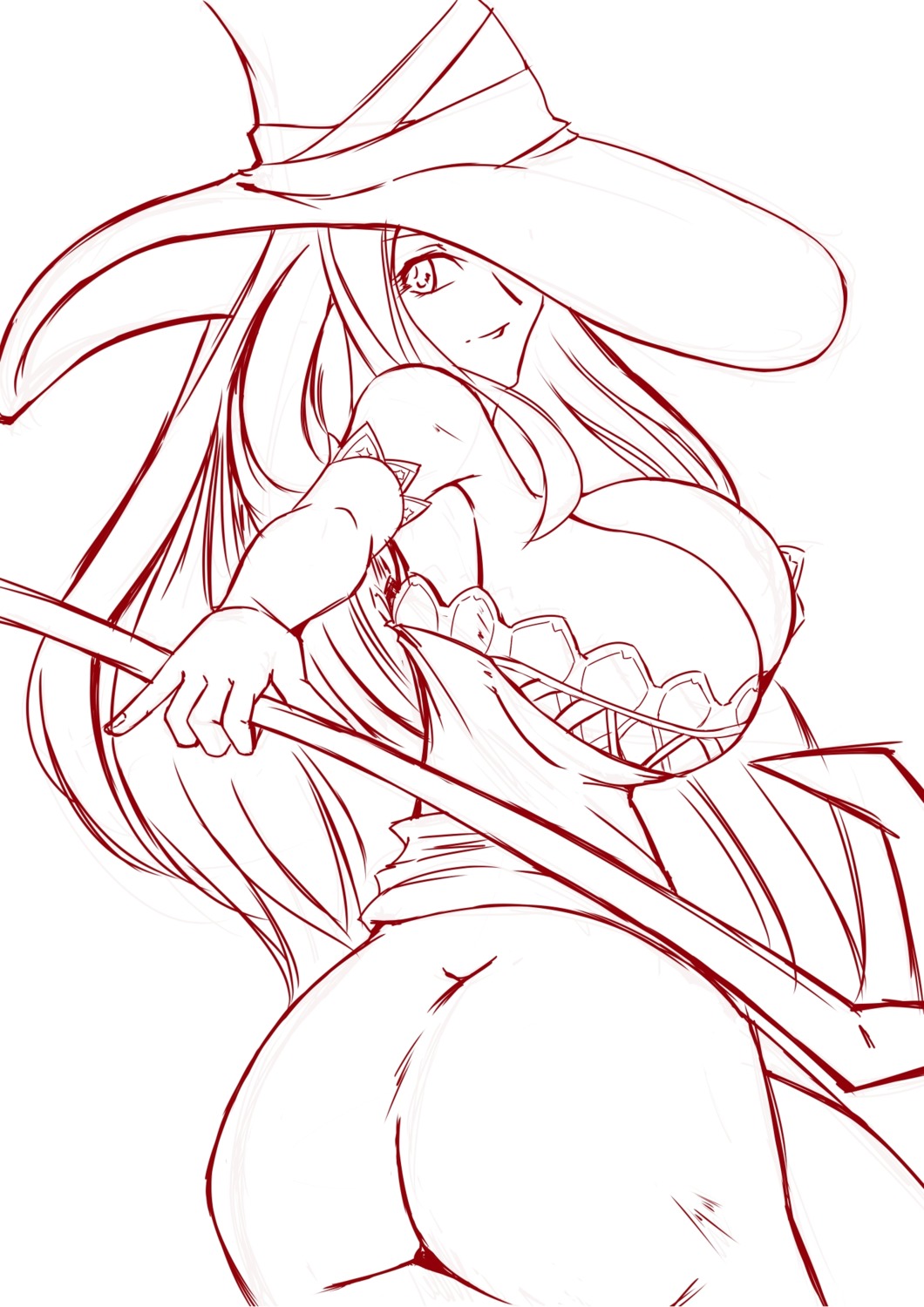artist_request ass breasts cleavage dragon's_crown female hat highres large_breasts monochrome no_panties rule34 sorceress_(dragon's_crown) staff vanillaware weapon witch_hat