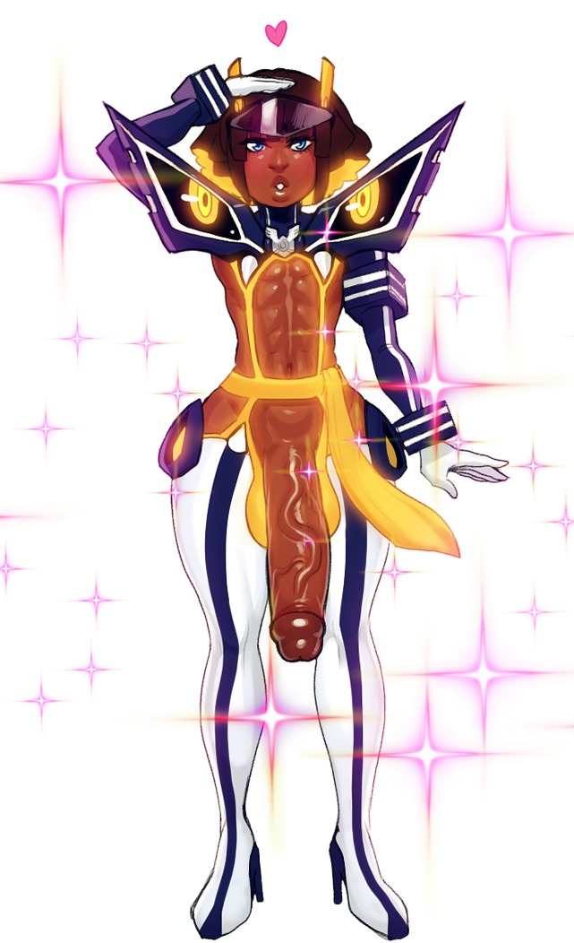 abs armor big_penis dark_body dark_skin e621 femboy genitals gesture half-erect heart_symbol huge_penis human human_only humanoid_genitalia humanoid_penis hyper hyper_genitalia hyper_penis junketsu kamui_(kill_la_kill) kill_la_kill male mammal modeseven not_furry penis salute solo studio_trigger