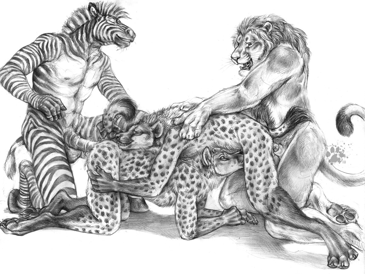 2010 4_toes anal anal_penetration animal_genitalia anthro balls blotch claws digitigrade e621 equid equine erection feet felid fellatio foursome from_behind_position genitals group group_sex hindpaw hooves hyena interspecies lion male male/male male_penetrated male_penetrating male_penetrating_male mammal monochrome nude oral pantherine pawpads paws penetration penile penis scratches_volume_4 sex simple_background spots spotted_hyena stripes toes traditional_media_(artwork) unguligrade white_background zebra