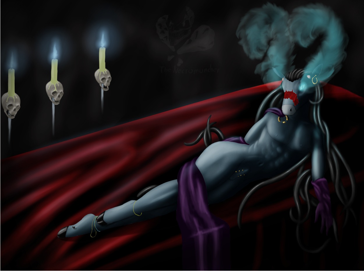 anthro athletic athletic_anthro athletic_male bed biped bone candle chest_piercing dark deer e621 ear_piercing furniture genital_piercing genitals glowing glowing_eyes heart_symbol lying male mammal necromuncher necuras on_side penis penis_piercing piercing seductive skull solo tentacles undead