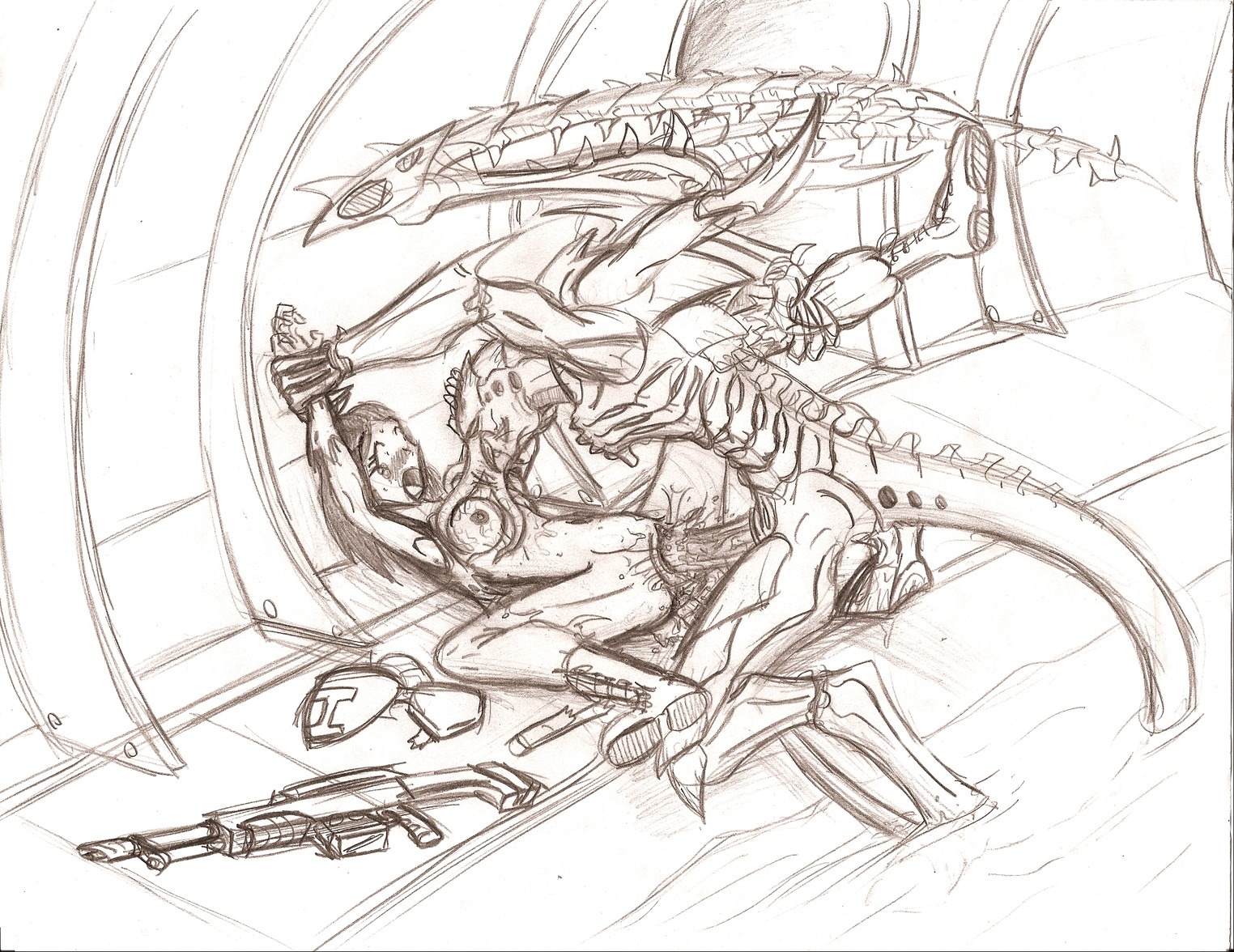 1boy 1girls alien astra_militarum female guardswoman_(warhammer_40k) gun imperial_guard imperium_of_man large_insertion lasgun lictor male monochrome nipples rape rule34 sketch stomach_bulge straight tyranid uncensored warhammer_(franchise) warhammer_40k