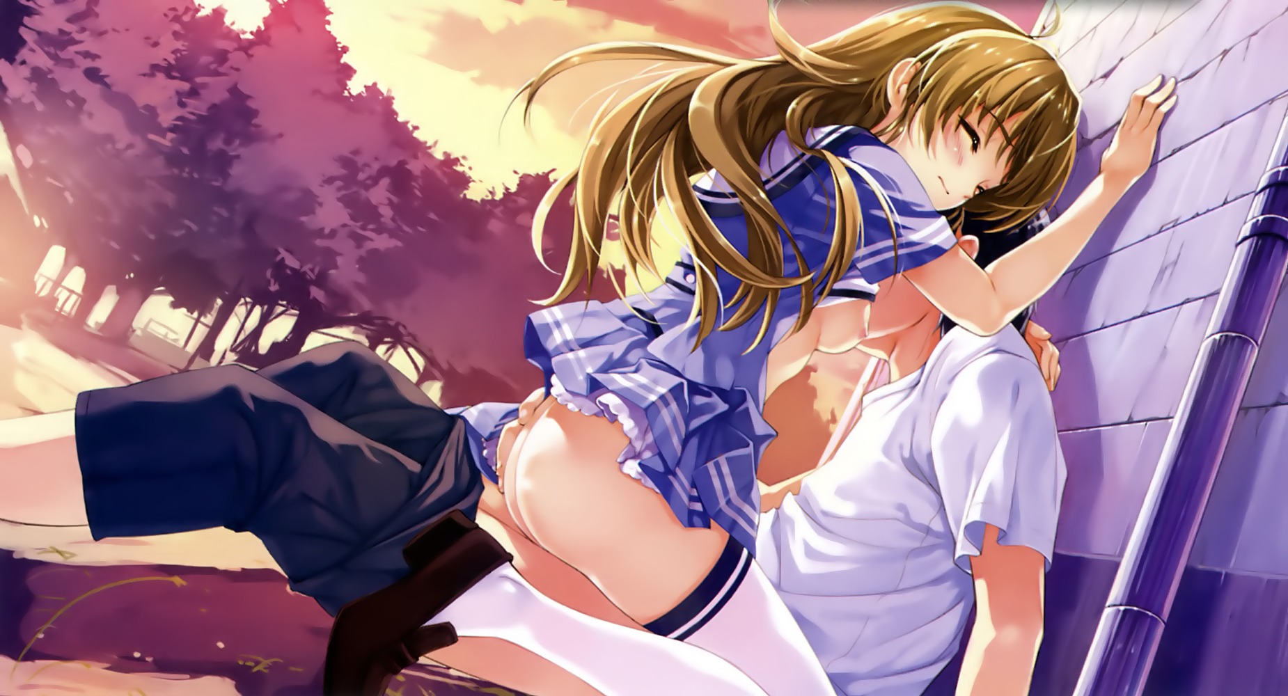 1boy 1girls ass ass_grab breasts chidori_minamo closed_eyes clothed_sex couple cowgirl_position dress female female_on_top highres male misaki_kurehito nakano_hinata nipples no_panties open_clothes open_shirt outdoors outside rule34 school_uniform sex shirt shirt_lift skirt skirt_lift smile_cubic! straddle straight suiheisen_made_nan_mile? thighhighs upright_straddle