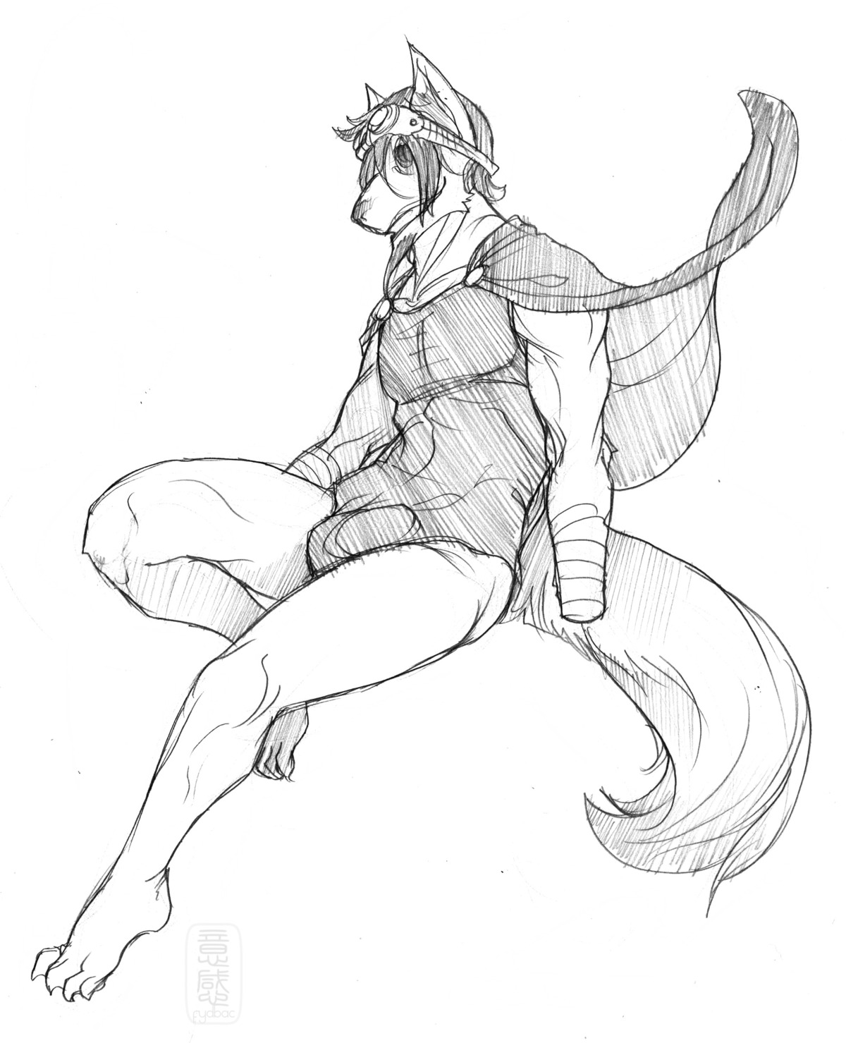 absurd_res amputee anthro bandage bulge canid canine canis cape clothed clothing detailed_bulge disability e621 eyewear fydbac genital_outline goggles hi_res jackal leotard lq_(character) male mammal missing_eye monochrome penis_outline solo tail