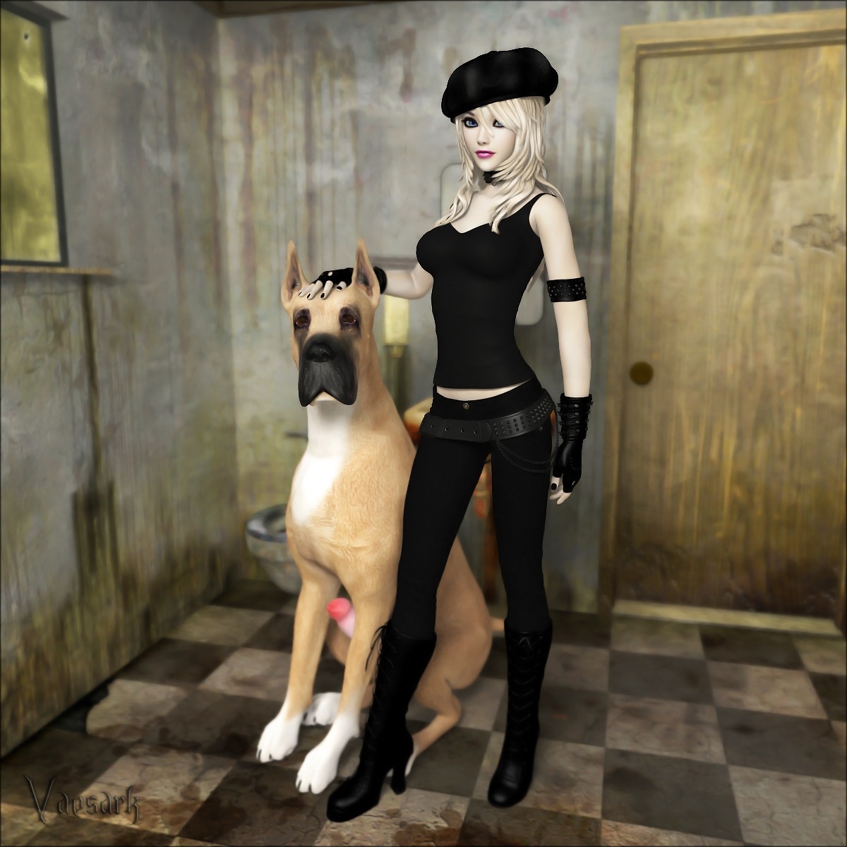 1:1 3d_(artwork) animal_genitalia animal_penis bestiality blonde_hair canid canine canine_genitalia canine_penis canis clothed clothing digital_media_(artwork) dirty domestic_dog duo e621 erection female female_human female_on_feral feral fully_clothed genitals great_dane hair hi_res human human_on_feral interspecies male male/female male_on_human mammal mastiff molosser nude penis realistic_feral vaesark