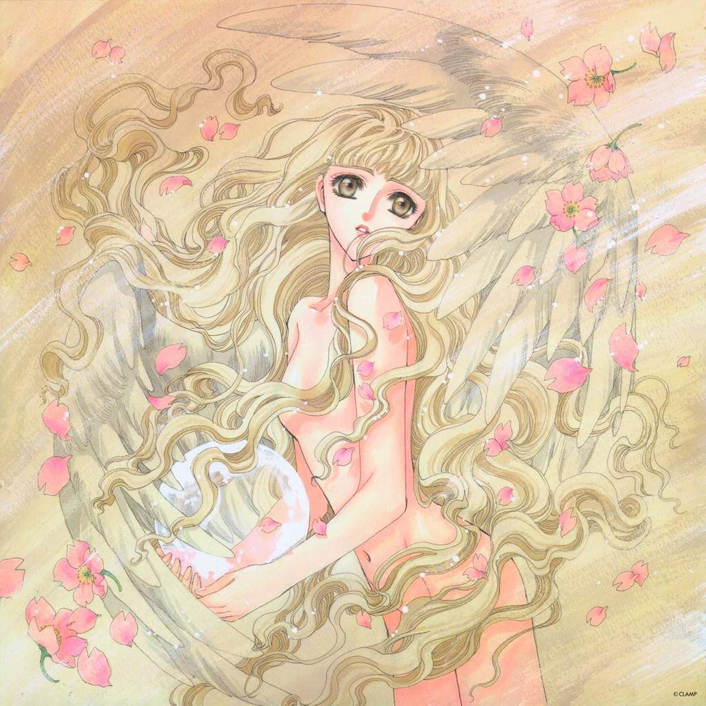 angel angel_wings blonde_hair brown_eyes censor_hair censored cherry_blossoms clamp convenient_censoring curly_hair earth female flower holding long_hair monou_kotori navel nude official_art petals rule34 scan solo very_long_hair wavy_hair wings x_(manga)