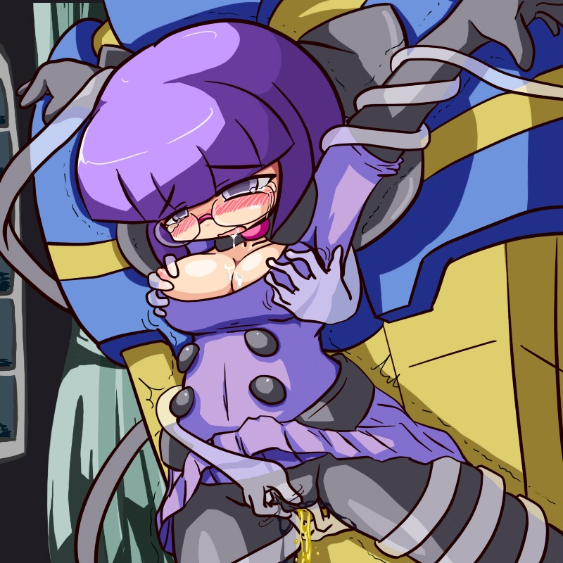 big_breasts blush breast_grab breasts cofagrigus desukan female fingering glasses human large_breasts nipples peeing pokemon pokephilia rule34 shauntal_(pokemon) tear