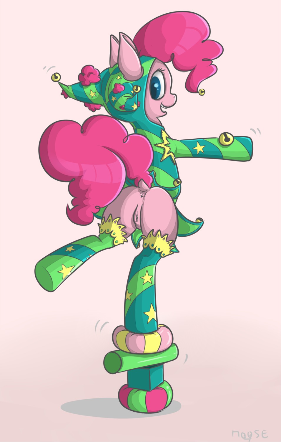2013 anus blue_eyes clothed clothing clown cynicalmoose e621 earth_pony equid equine female feral friendship_is_magic fur genitals hair hasbro hi_res horse mammal my_little_pony pink_background pink_body pink_fur pink_hair pinkie_pie_(mlp) pony simple_background solo tail vulva