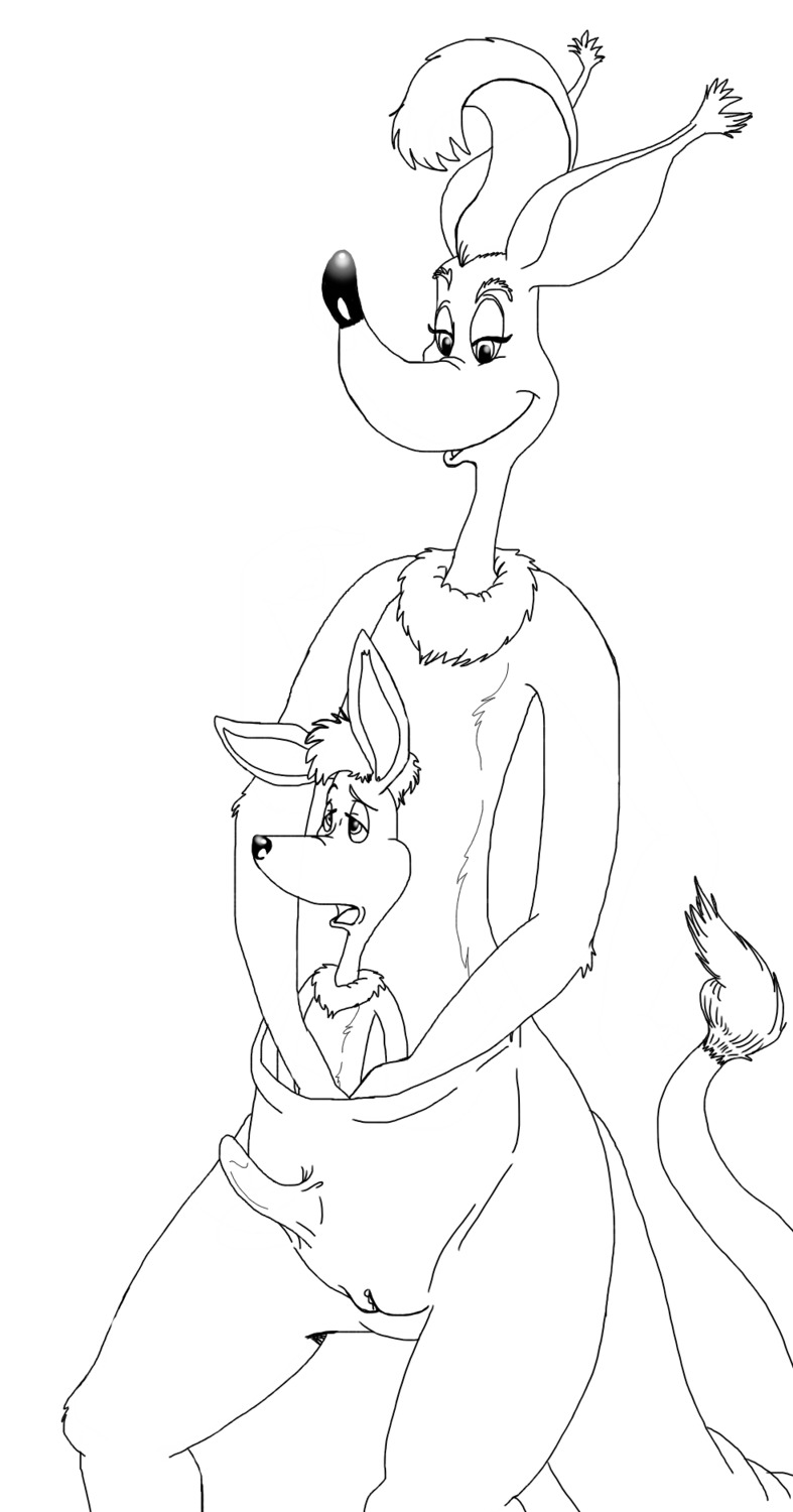 anthro blue_sky_studios bulge child detailed_bulge dr._seuss duo e621 erection female genital_outline genitals hand_in_pouch handjob hi_res horton_hears_a_who! in_pouch incest_(lore) kangaroo line_art macropod male mammal marsupial monochrome mother_(lore) parent_(lore) penile penis penis_outline pouch_(anatomy) rudy_kangaroo sex simple_background son_(lore) sour_kangaroo tail unknown_artist vulva what young