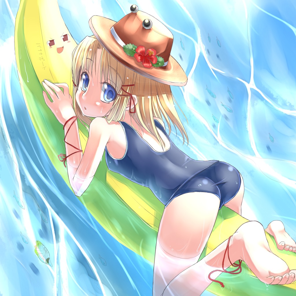 ass banana_boat barefoot blonde_hair blue_eyes eyes feet female flower girl_on_banana hat hirasato lying mizugi on_stomach one-piece_swimsuit ribbon rule34 school_swimsuit short_hair solo sukumizu suwako_moriya swimsuit touhou water wet yukkuri_shiteitte_ne