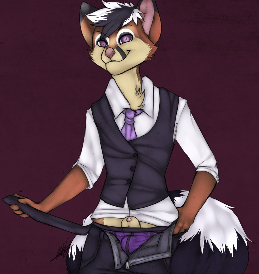 2013 accessory animal_genitalia bassariscus bulge cacomistle cheek_tuft clothed clothing dominate_(artist) e621 facial_tuft genitals looking_at_viewer male mammal necktie partially_clothed penis penis_tip pink_eyes pink_nose procyonid sheath smile solo tuft underwear undressing