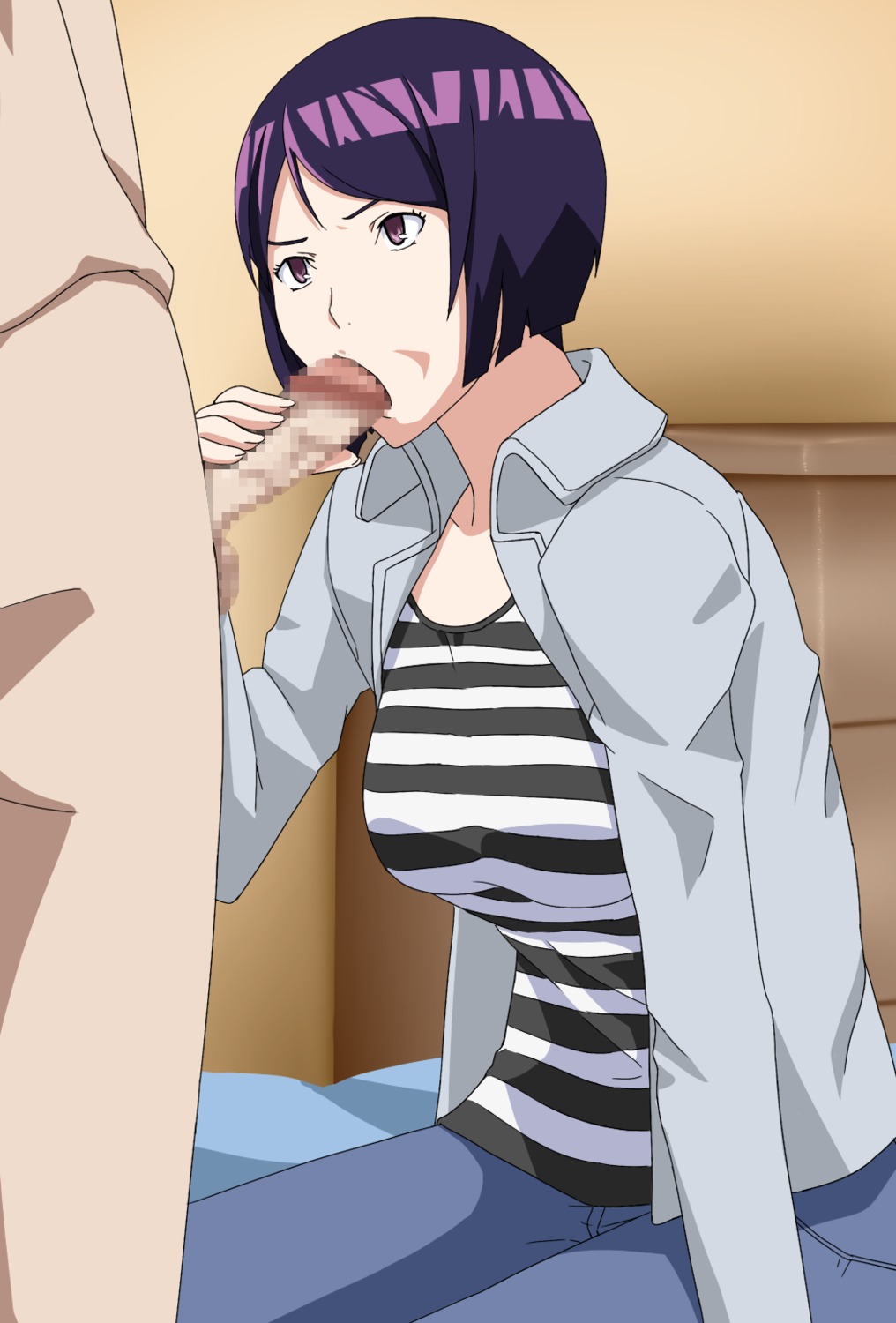 bakuman breasts censored faceless_male fellatio female hair highres hitori_kakumei iwase_aiko male oral purple_hair rule34 short_hair