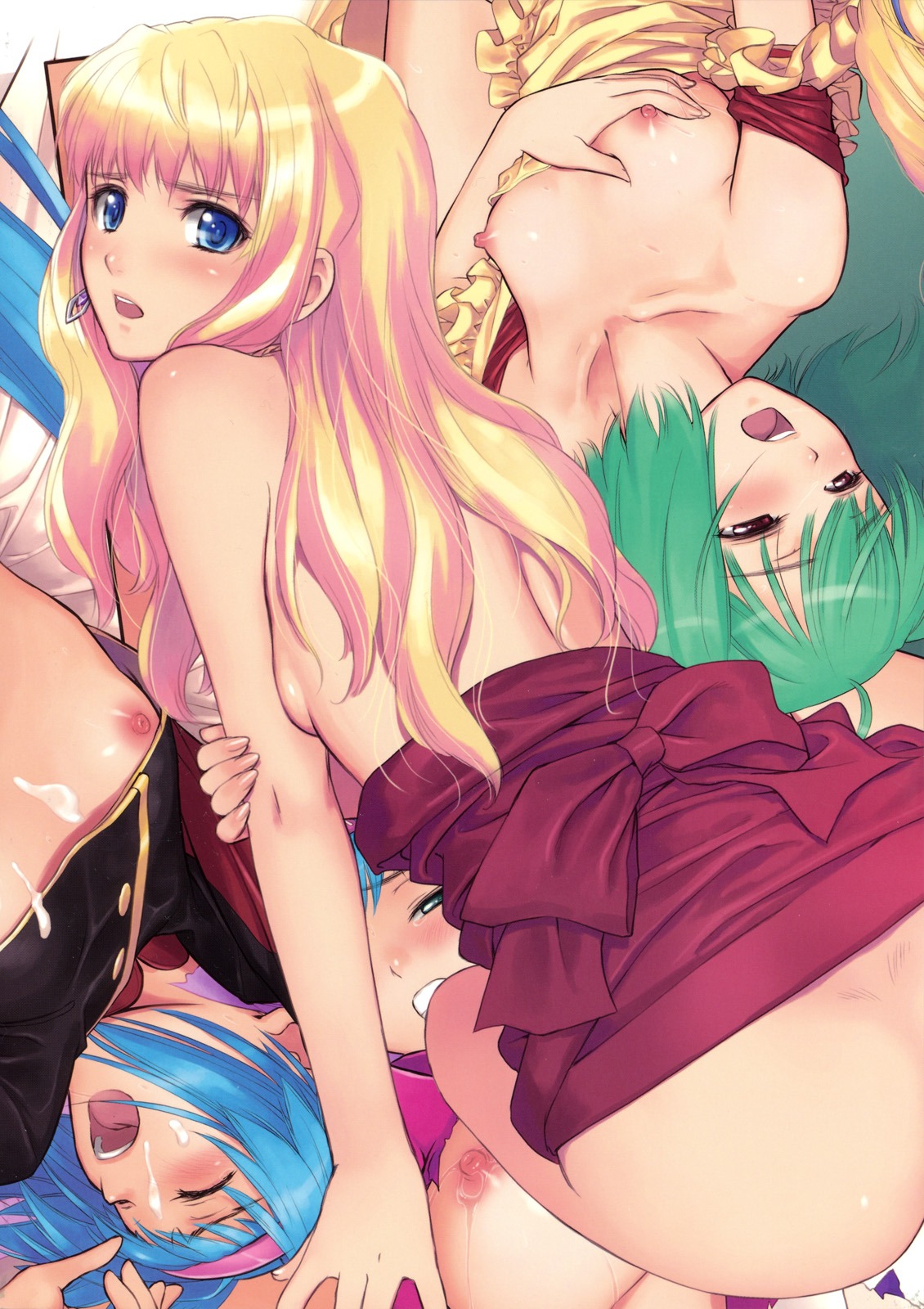 4girls clothing cum dress female female_only flat_chest highres klan_klein macross macross_frontier multiple_females multiple_girls nipples ranka_lee rule34 sheryl_nome taka_tony
