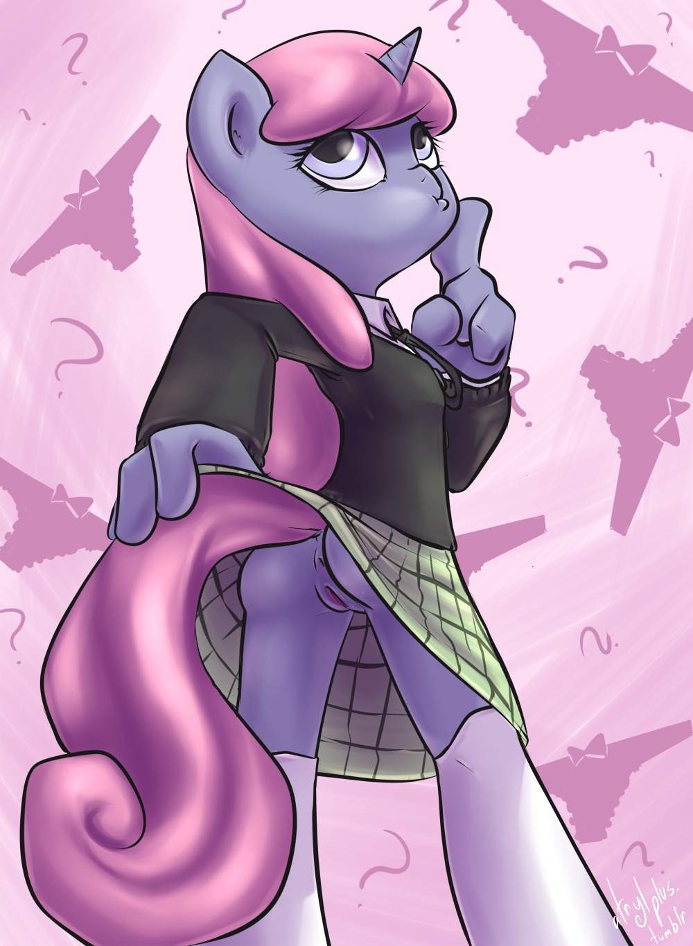 anthro anthrofied anus atryl biped bottomwear butt clothed clothed_female clothing digital_media_(artwork) e621 equid equine fan_character female friendship_is_magic genitals hasbro hi_res horn mammal my_little_pony mythological_creature mythological_equine mythology panties question_mark skirt solo standing tail tail_under_skirt tail_upskirt underwear unicorn upskirt velvet_(mlp) vulva