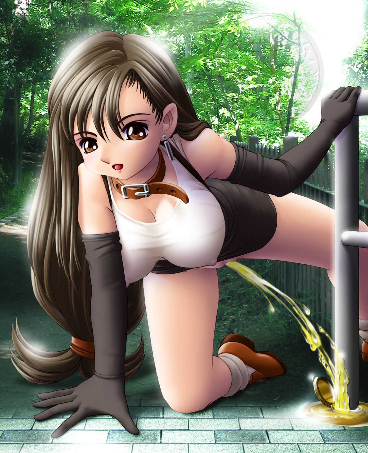 1girls collar female final_fantasy final_fantasy_vii neon_pee onoe outdoors peeing peeing_like_a_dog pissing rule34 solo straight_hair tifa_lockhart