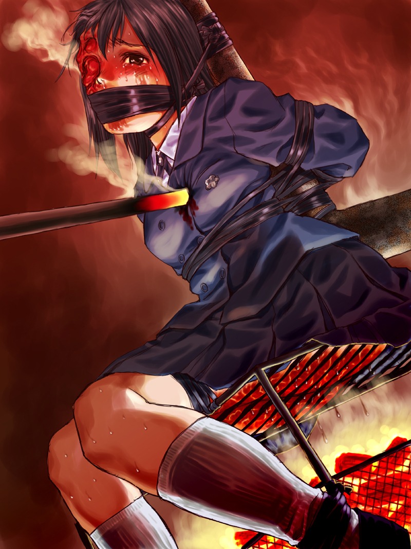 bondage brown_eyes brown_hair burning female female_focus fire gore guro pizza_man rule34 school_uniform short_hair skirt solo_focus torture