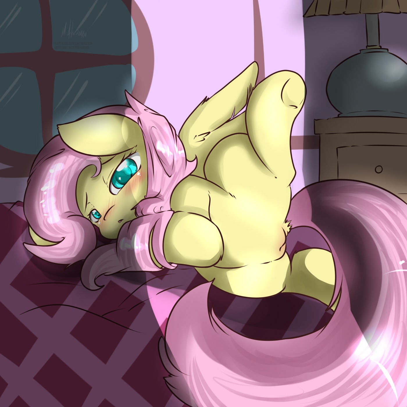1:1 2014 blush e621 equid equine feathered_wings feathers female feral fluttershy_(mlp) friendship_is_magic fur genitals hair half-closed_eyes hasbro hi_res inside lamp long_hair lying makoruu mammal my_little_pony mythological_creature mythological_equine mythology narrowed_eyes on_side one_leg_up pegasus pink_hair raised_leg solo vulva window wings yellow_body yellow_feathers yellow_fur