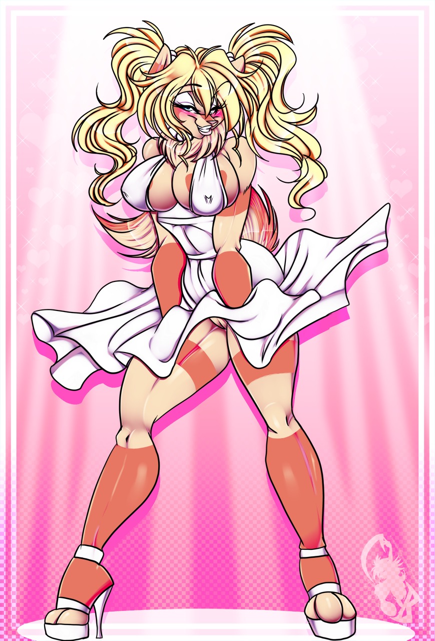 abstract_background angel_kryis anthro blonde_hair blush bottomwear breasts canid canine cleavage clothed clothing cosplay crystal-for-ever digital_media_(artwork) dress e621 female footwear genitals gradient_background hair hi_res high_heels holding_down_dress mammal marilyn_monroe no_underwear shoes simple_background skirt solo source_request the_seven_year_itch upskirt vulva wind wind_lift