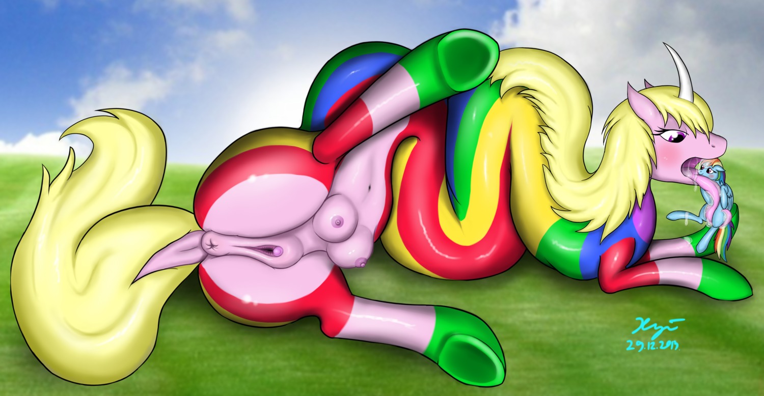 2013 absurd_res adventure_time anatomically_correct anatomically_correct_genitalia anatomically_correct_vulva animal_genitalia animal_vulva anus arms_down big_butt blonde_hair blonde_mane blue_body blue_feathers blue_fur blue_sky blush bodily_fluids breasts butt cartoon_network cloud crossover day drooling duo e621 equid equine equine_genitalia equine_vulva feathered_wings feathers female female/female feral friendship_is_magic fur genitals grass green_hooves hair hasbro head_spike hi_res hooves horn imminent_vore lady_rainicorn larger_female laying_on_tongue long_body long_hair long_tongue long_torso looking_at_another looking_into_mouth lying lying_on_ground mammal mane multicolored_body multicolored_hair my_little_pony mythological_creature mythological_equine mythology nipples nude on_front on_ground on_model on_tongue one_leg_up open_mouth oral_vore outside pegasus pink_anus pink_body pink_tongue pink_vulva plant predator/prey presenting purple_eyes purple_mouth rainbow rainbow_body rainbow_dash_(mlp) rainbow_hair rainbow_stripes rainicorn raised_leg saliva saliva_on_tongue saliva_string simple_background size_difference sky smaller_female snake_like spread_legs spreading straight_arms stripes tail teats thick_thighs tongue tongue_out udders under_boob vore vulva wet_tongue wide_hips wings xyi yellow_tail
