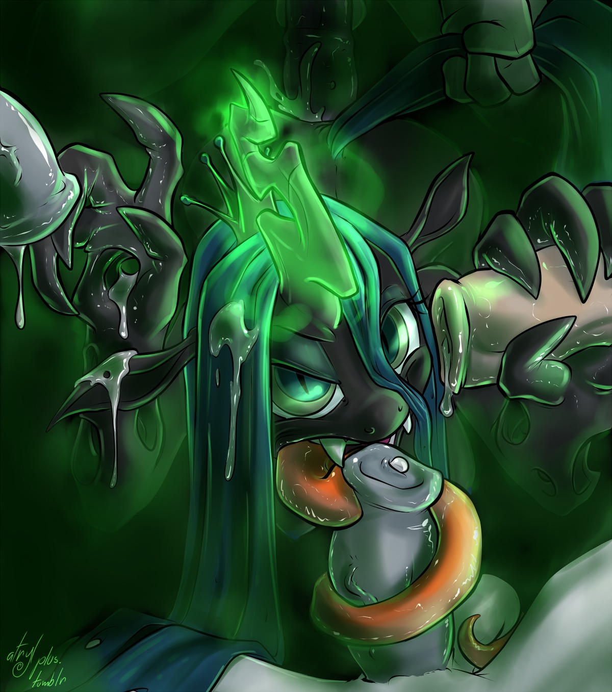 2012 anthro anthrofied anus arthropod atryl blue_eyes blue_hair bodily_fluids breasts bukkake changeling_(mlp) close-up crown cum cum_in_vagina cum_inside digital_media_(artwork) e621 equid erection fangs fellatio female first_person_view friendship_is_magic genital_fluids genitals green_eyes grey_penis group group_sex hair handjob hasbro headgear hi_res horn licking long_hair long_tongue male male/female mammal messy my_little_pony nude oral orgasm penetration penile penis queen_chrysalis_(mlp) sex spread_legs spreading tail teeth thick_penis tongue tongue_out tonguejob vein