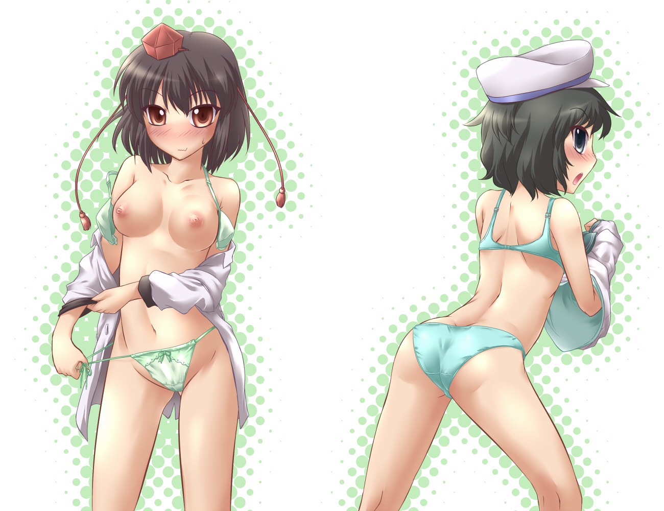 black_hair bra female green_eyes hat lingerie minamitsu_murasa panties red_eyes rule34 sailor_hat shameimaru_aya short_hair side-tie_panties tokin_hat touhou underwear undressing yoshi_tama