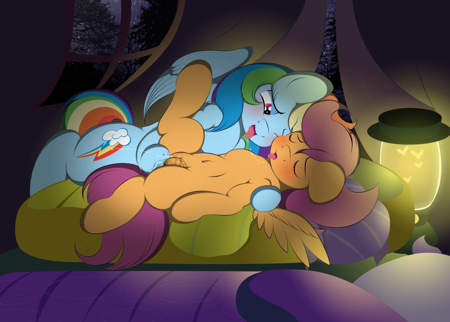 2012 absurd_res age_difference blue_body blue_feathers blue_fur blush bodily_fluids cutie_mark duo e621 ejaculation equid equine eyes_closed feathered_wings feathers female female/female feral feral_on_feral friendship_is_magic fur genital_fluids genitals hair half-closed_eyes hasbro hi_res lying mammal messy multicolored_hair multicolored_tail my_little_pony mythological_creature mythological_equine mythology narrowed_eyes nude on_back one_eye_closed orgasm pegasus purple_eyes purple_hair rainbow_dash_(mlp) rainbow_hair rainbow_tail raised_tail rubbing saliva saliva_string scootaloo_(mlp) spread_legs spreading tail tongue tongue_out v-d-k vaginal_fluids vaginal_squirting vulva wing_boner wings young young_feral