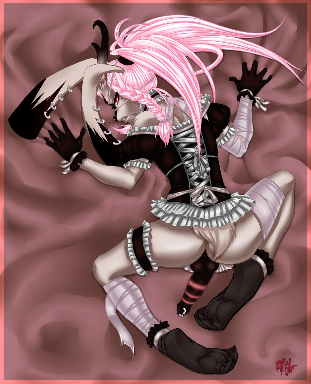 accessory alternative_fashion antlers balls choker clothed clothing crossdressing dress e621 erection ero_lolita footwear garter genital_piercing genitals gloves goth gothic_lolita handwear hi_res horn j-fashion jackalope jewelry lagomorph leg_garter legwear lolita_(fashion) male mammal meshpet necklace penis penis_piercing piercing prince_albert_piercing socks solo