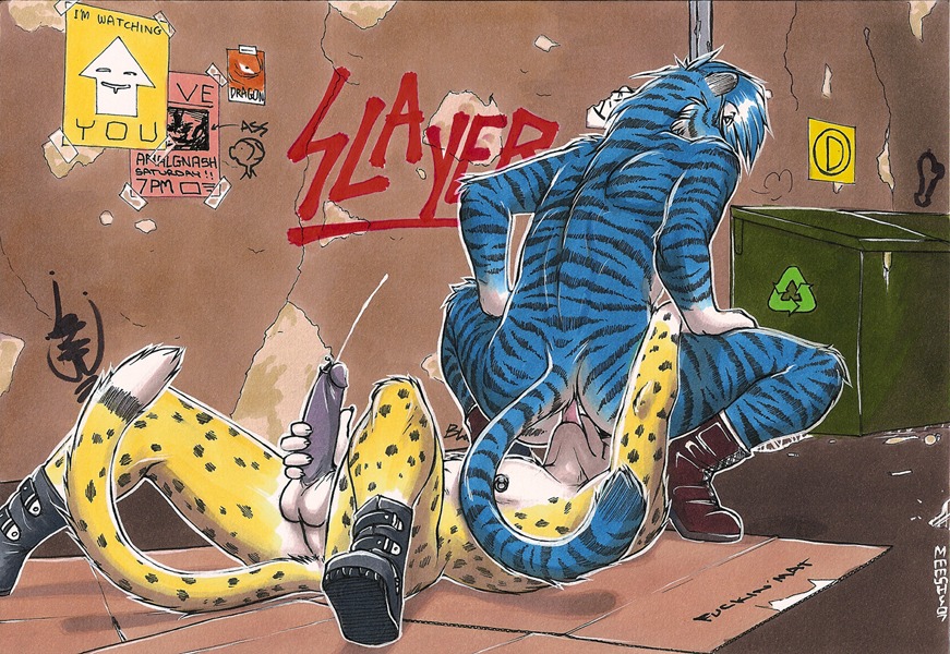 2007 alley anal anal_penetration anthro arms_bent balls belted_boots bent_legs black_penis blue_body blue_fur blue_hair bodily_fluids boots boots_only cardboard cement cheetah clothing container cracks crouching cum cum_while_rimming cumshot digital_media_(artwork) directional_arrow dumpster duo e621 ejaculation english_text erection facesitting felid feline footwear footwear_only fur genital_fluids genital_piercing genitals graffiti hair hand_on_leg hand_on_own_penis hand_on_penis hand_on_thigh hands_on_legs hands_on_own_legs hands_on_own_thighs hands_on_thighs happy heavy_metal holding_both_legs holding_both_thighs holding_penis humanoid_genitalia humanoid_penis laced_boots leg_grab licking looking_back lying male male/male male_penetrated male_penetrating male_penetrating_male mammal marker_(artwork) markings masturbating_while_rimming masturbation meesh mismatched_genitalia mismatched_humanoid_penis mismatched_penis mixed_media mostly_nude nipple_piercing nipples nude on_back oral orgasm pantherine pen_(artwork) penetration penile penile_masturbation penis penis_piercing piercing planted_legs poster prince_albert_piercing public public_sex raised_arm raised_hand rear-quarter_view rear_view recycle rimming sex shockwave_(character) shoes shoes_only sitting sitting_on_another slayer slayer_(band) spots spotted_body spotted_fur striped_body striped_fur stripes tail tape text thigh_grab three-quarter_view tiger tongue tongue_out traditional_media_(artwork) trash yellow_body yellow_fur
