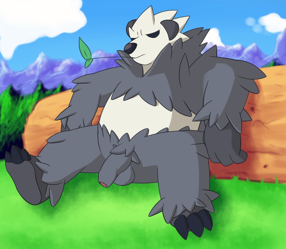 2013 3_toes animal_genitalia anthro anthrofied balls bear biceps big_muscles biped black_nose black_sclera claws cloud conditional_dnp e621 empty_eyes eyes_closed feet foreskin fur generation_6_pokemon genitals grass grey_body grey_fur half-erect hindpaw humanoid_genitalia humanoid_penis leaf log mabit male mammal muscular muscular_anthro muscular_male nintendo outside pangoro paws penis plant pokemon pokemon_(species) pokemorph sheath sitting sky solo spread_legs spreading sunny toe_claws toes wood