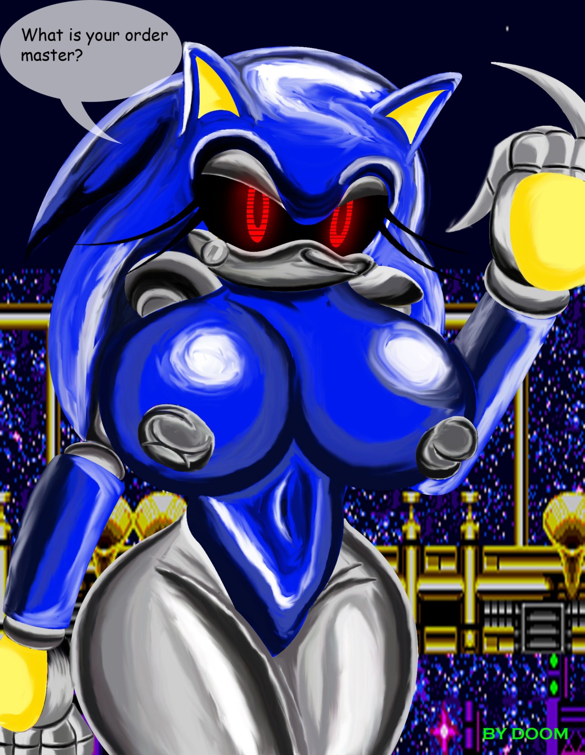 anthro breasts color english_text female female_only front_view genderswap genderswap_(mtf) inviting inviting_to_sex metal_sonic metal_sonique nipples nobody147 robot rule34 rule_63 seductive solo sonic_(series) sonic_cd sonic_the_hedgehog_(series) standing tagme text